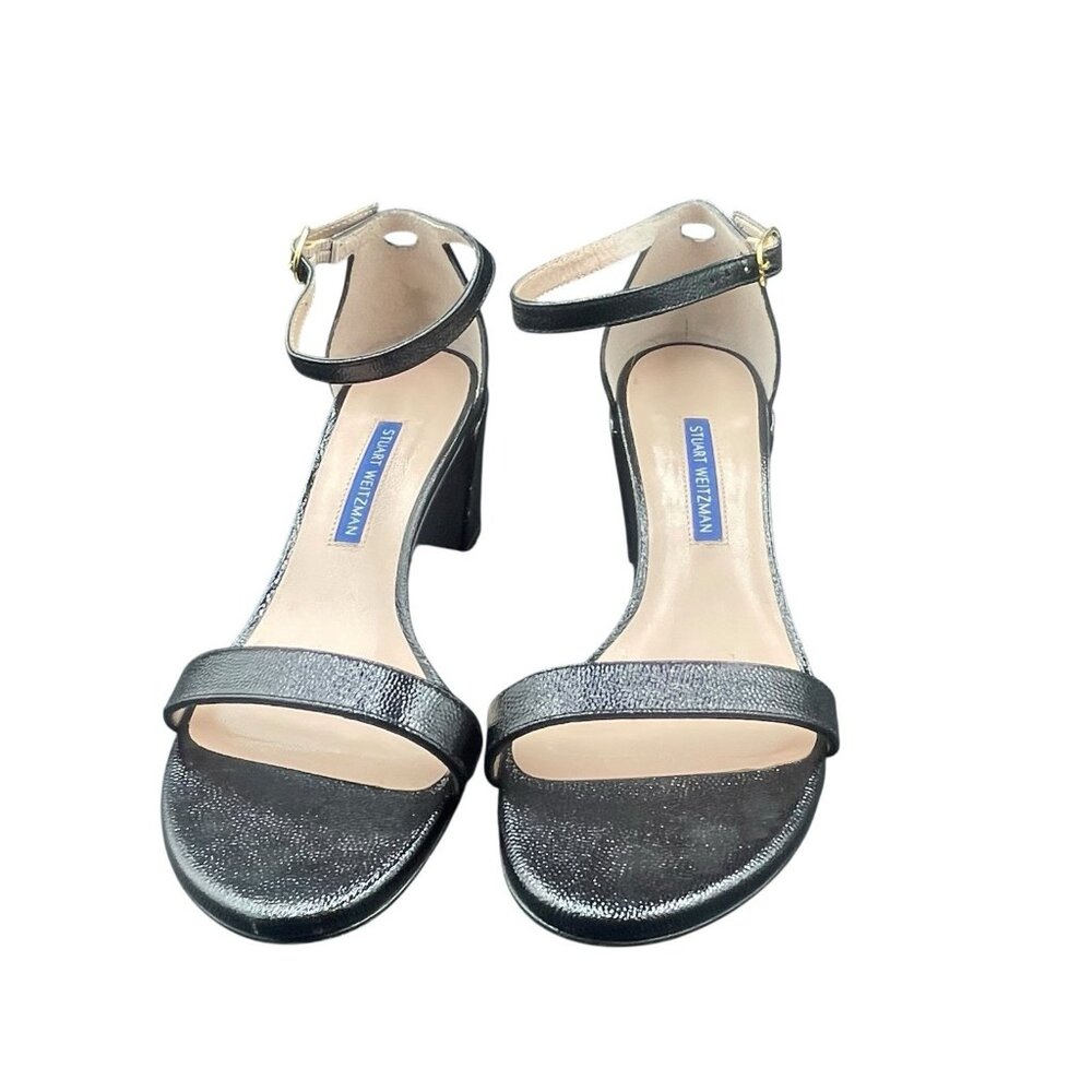 Stuart Weitzman 75 LessNudist Sandals 6.5 Black Leather Ankle Strap Block Heel - Picture 2 of 7
